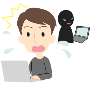 掲示板、ミラーサイト対策（2ちゃんねる他）見えない相手がにやり。ショックを受ける男性の図